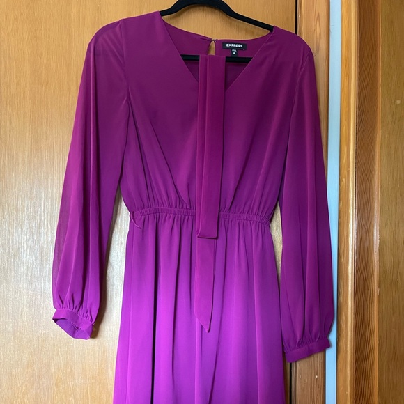 Plum NWOT Chiffon Sleeve Sash Tie Fit And Flare Dress - Picture 2 of 4